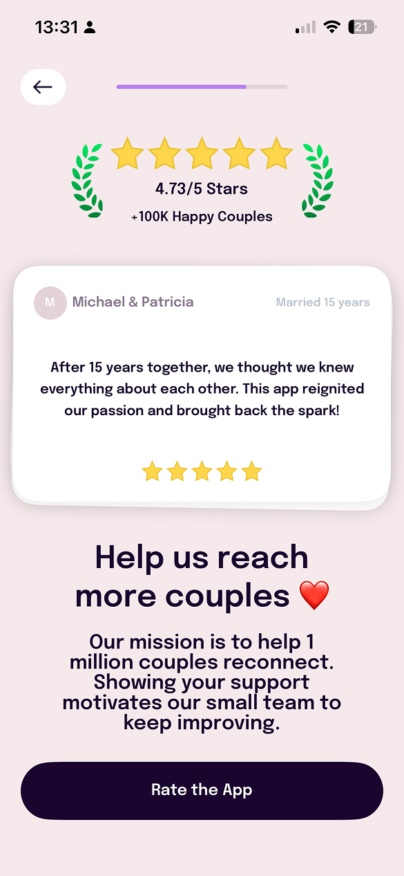 Social proof screen: 4.73/5 stars, +100K happy couples