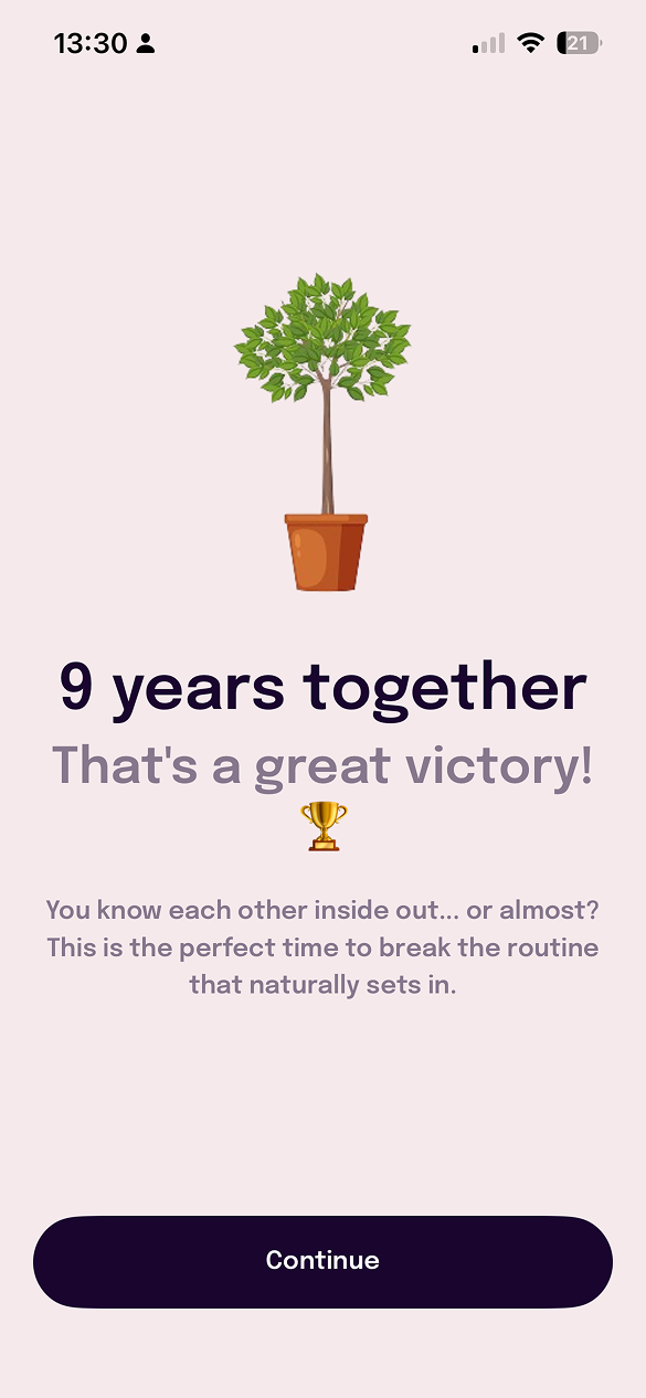 Milestone screen: 9 years together